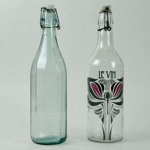 Art Nouveau Le Vin Wine Bottle Set Ceramic Topper Glass Pair 12.5”